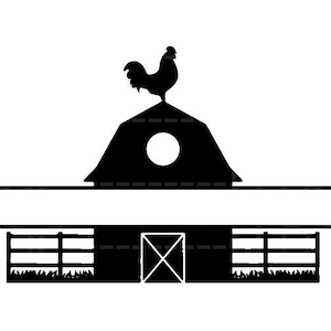 Peut inclure: Silhouette noire d'une grange avec un coq au sommet. La grange a une fenêtre ronde et une porte en bois. La grange est entourée d'une clôture.