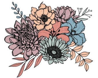 Vintage flower bouquet png jpg, Floral bouquet sublimation, Botanical png, retro flowers png, Floral shirt png, Wildflowers png. watercolor