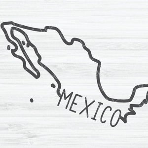 Puede incluir: Un dibujo de línea negra del contorno de México con la palabra "MEXICO" escrita debajo.