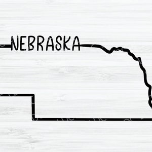 May include: Black outline of the state of Nebraska with the word "Nebraska" written above the outline.