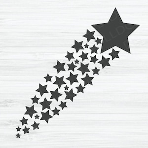 May include: A black shooting star design made up of multiple stars of different sizes. The largest star is at the top of the design and the smaller stars trail behind it.