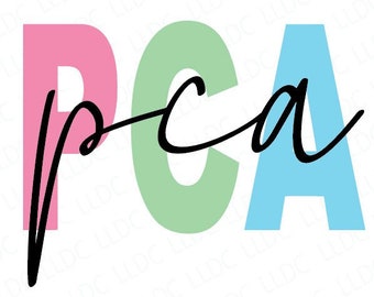 May include: A colorful graphic design with the letters "PCA" in pink, green, and blue. The letters are stylized with a black cursive "p" in front of the letters.
