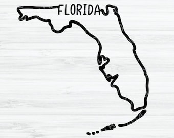 May include: A black line drawing of the state of Florida with the word "FLORIDA" written above it.