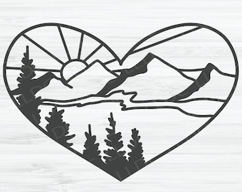 Nature heart svg | Adventure svg | Sunrise svg | Pine trees svg | Nature svg | Mountains svg | Wilderness svg | Landscape svg | Heart svg |