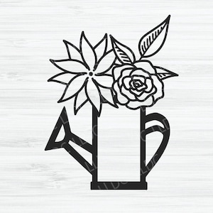 May include: Black and white line art illustration of a watering can with a rose and a flower on top.