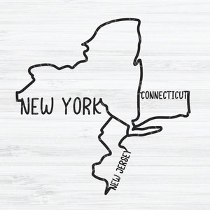 Peut inclure: Un dessin au trait noir et blanc de l'état de New York, avec les noms "New York", "New Jersey" et "Connecticut" écrits à l'intérieur des contours de l'état.