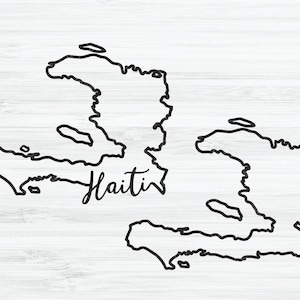 May include: A black line drawing of the island of Haiti on a white woodgrain background. The word "Haiti" is written in cursive below the island.