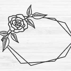 May include: A black and white line drawing of a rose with leaves and a geometric hexagonal frame. The rose is on the left side of the frame.
