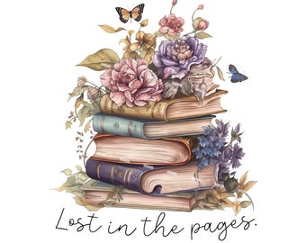 Lost in the pages sublimation png jpg, book lover png, Reading Books png, Book with flowers png, Teaching png, vintage book png, floral book
