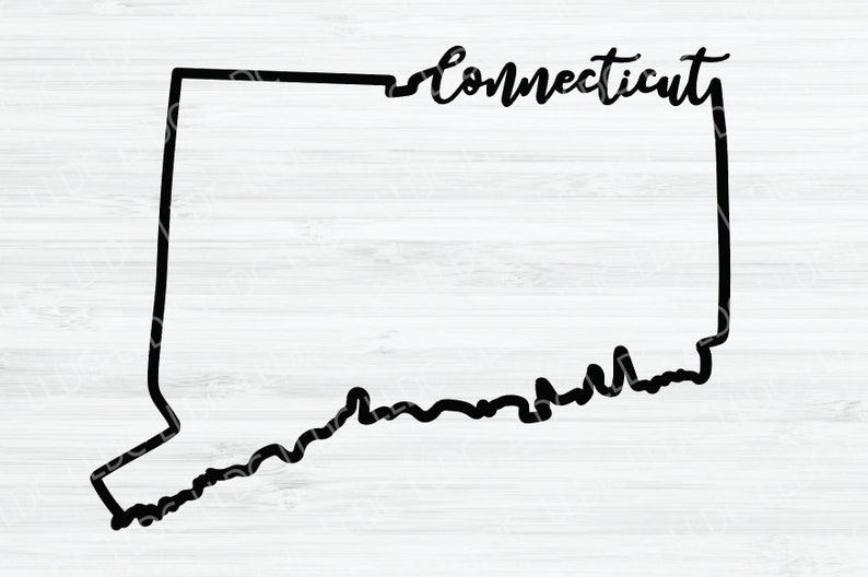 May include: Black outline of the state of Connecticut with the word "Connecticut" written in cursive above the outline.