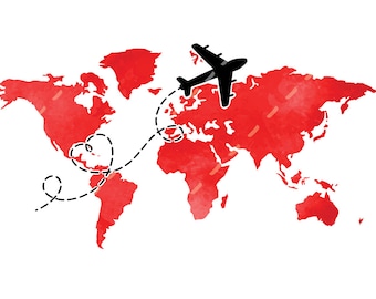 Red map airplane heart dotted line png, Travel png, globe png, World map png, Earth png, explore more, adventure, airplane png, destination