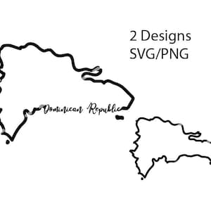 May include: Two black and white outline designs of the Dominican Republic. The larger design has the words "Dominican Republic" in cursive. The text "2 Designs SVG/PNG" is in the upper right corner.