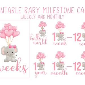 Imprimable bébé fille mensuelle et hebdomadaire carte de jalon fichiers png. Clipart bébé éléphant. Aquarelle de ballons de cœur d’animal. Jalons pour bébé.