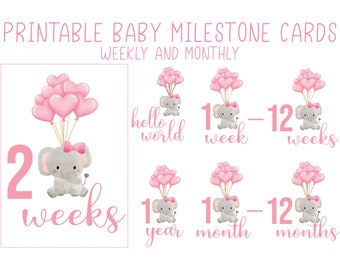 Printable baby girl monthly and weekly milestone card png files. Baby elephant clipart. Watercolor animal heart balloons. Baby milestones.