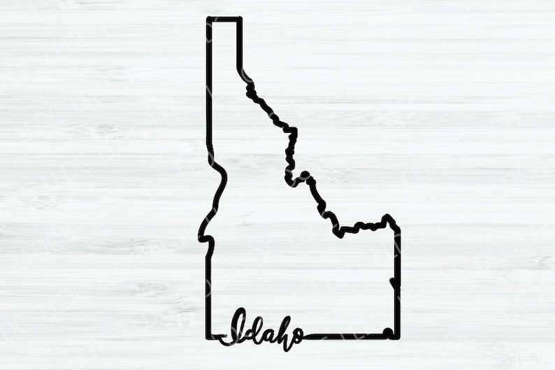 May include: Black and white outline of the state of Idaho with the word "Idaho" written in cursive underneath.