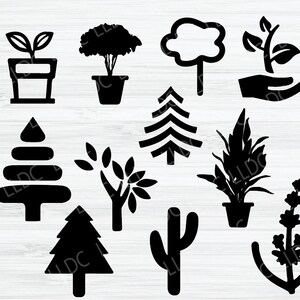 Puede incluir: Un conjunto de 14 ilustraciones en silueta en blanco y negro de varias plantas y &aacute;rboles. Las ilustraciones incluyen un cactus, una palmera, una planta en maceta, un &aacute;rbol con copa redonda, un &aacute;rbol con copa puntiaguda, un &aacute;rbol con copa en capas, un &aacute;rbol con un solo tallo y hojas, un &aacute;rbol con un solo tallo y hojas, un &aacute;rbol con un solo tallo y hojas, un &aacute;rbol con un solo tallo y hojas, un &aacute;rbol con un solo tallo y hojas, un &aacute;rbol con un solo tallo y hojas, un &aacute;rbol con un solo tallo y hojas y un &aacute;rbol con un solo tallo y hojas.