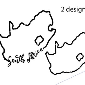 May include: Two black outline designs of the South Africa map on a white background. The words "South Africa" are written in a cursive font. The text "2 designs!" is in the upper right corner.