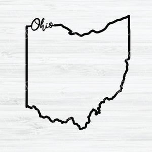 May include: A black line drawing of the state of Ohio with the word "Ohio" written in cursive above the state.