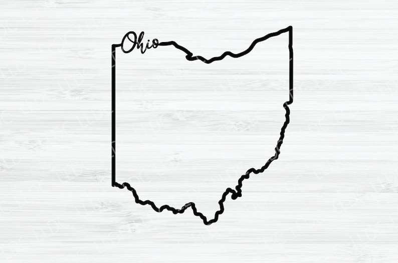 May include: A black line drawing of the state of Ohio with the word "Ohio" written in cursive above the state.