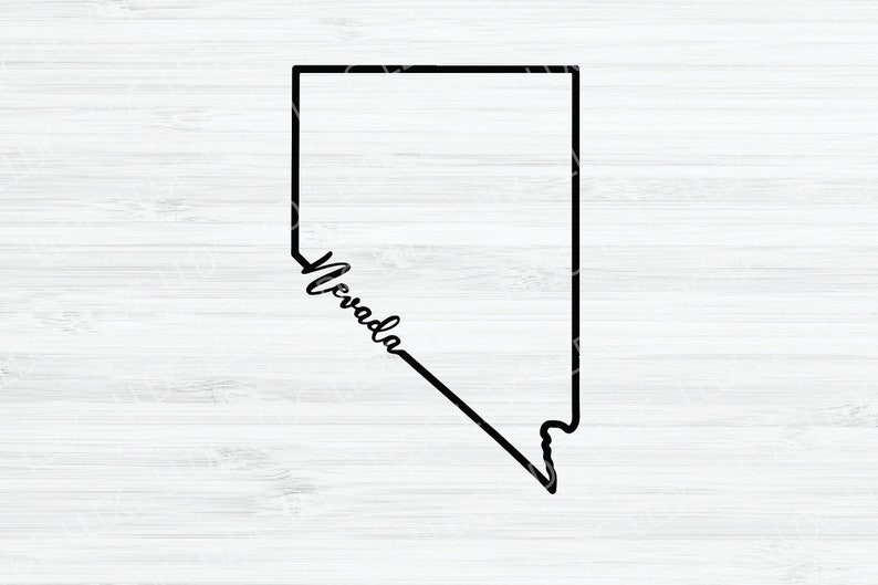 May include: Outline of the state of Nevada with the word "Nevada" written in cursive inside the outline.