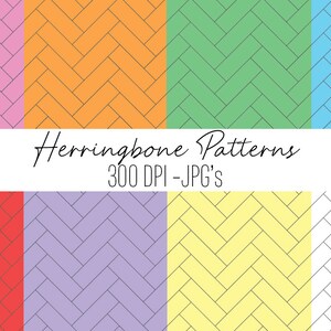 May include: Set of 8 digital herringbone patterns in various colors, including pink, orange, green, blue, red, purple, yellow, and white. Each pattern is 300 DPI and in JPG format.