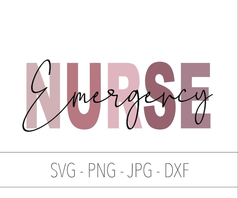 Może przedstawiać: R&oacute;żowo-biały projekt graficzny ze słowem "NURSE" dużymi literami i słowem "Emergency" napisanym kursywą poniżej.