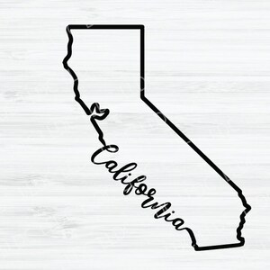 May include: Black outline of the state of California with the word "California" written in cursive inside the outline.