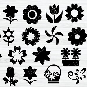 Puede incluir: Un conjunto de 20 im&aacute;genes de arte de clip de silueta de flores en blanco y negro. Las im&aacute;genes incluyen varios tipos de flores, como tulipanes, girasoles, margaritas y rosas.