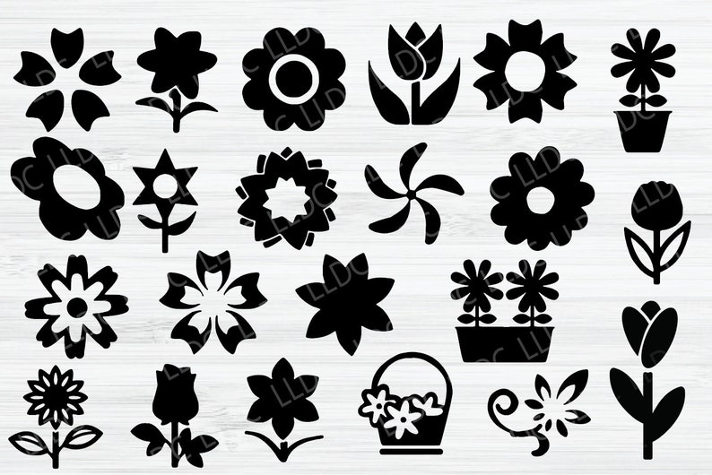 Puede incluir: Un conjunto de 20 im&aacute;genes de arte de clip de silueta de flores en blanco y negro. Las im&aacute;genes incluyen varios tipos de flores, como tulipanes, girasoles, margaritas y rosas.