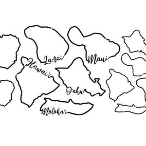 Contorni delle isole Hawaii in formato SVG. Corsivo Hawaii in formato SVG. Oahu in formato SVG, Lanai in formato SVG, Maui in formato SVG, Kauai in formato SVG, Hawaii in formato Png, Oahu in formato Png, Maui in formato Png, Molokai in formato Png.