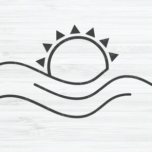 May include: A black and white line drawing of a sun setting over wavy water. The sun has a simple circle shape with eight points radiating out from it.