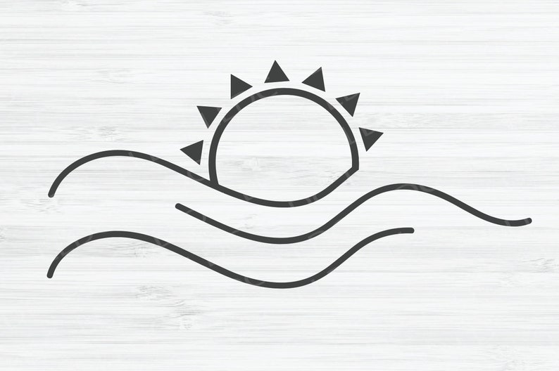 May include: A black and white line drawing of a sun setting over wavy water. The sun has a simple circle shape with eight points radiating out from it.
