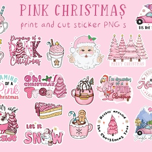 Printable Pink Christmas Digital Sticker Bundle, Digital PNG Stickers, Print and Cut Stickers for Cricut or Silhouette, hippy santa, trees.