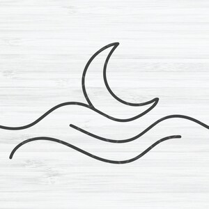 May include: A black and white line drawing of a crescent moon over wavy lines, representing the ocean.