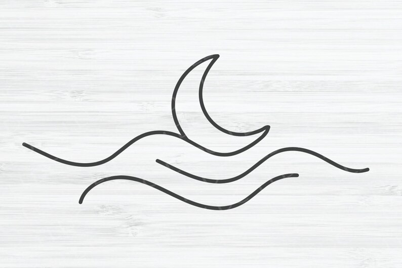 May include: A black and white line drawing of a crescent moon over wavy lines, representing the ocean.