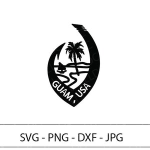 May include: Black and white silhouette of the official seal of Guam, featuring a stylized image of a palm tree on a beach with a hook-shaped outline. The text "Guam, USA" is written inside the hook.