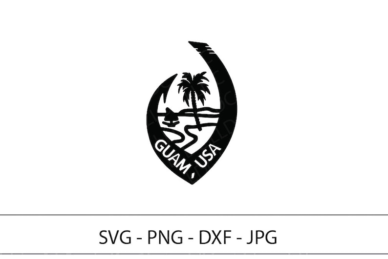 May include: Black and white silhouette of the official seal of Guam, featuring a stylized image of a palm tree on a beach with a hook-shaped outline. The text "Guam, USA" is written inside the hook.