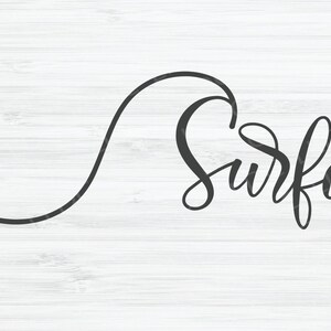 May include: A black and white graphic design of a wave with the word "surfer" written in cursive.