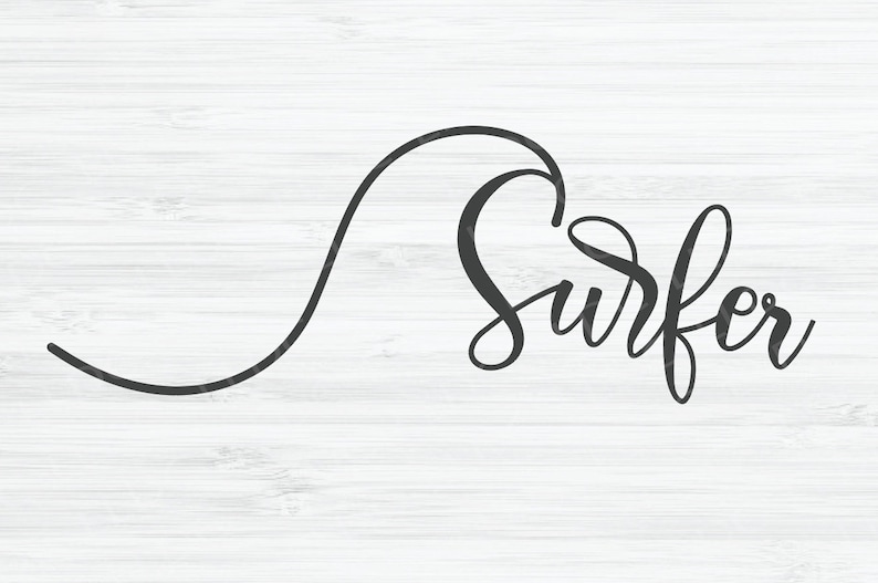 May include: A black and white graphic design of a wave with the word "surfer" written in cursive.