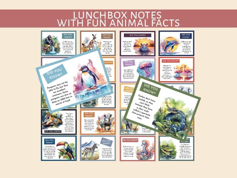 May include: A set of 20 colorful cards with illustrated animals and fun facts about them. Each card has a blue border and the text "Did you know?" in white. The cards are perfect for adding a fun touch to lunchboxes.
