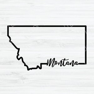 May include: A black outline of the state of Montana with the word "Montana" written in cursive below the outline.