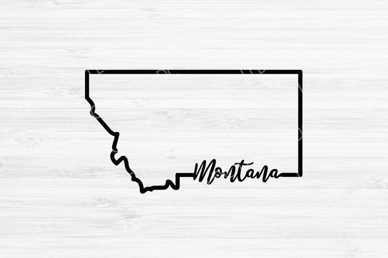 May include: A black outline of the state of Montana with the word "Montana" written in cursive below the outline.