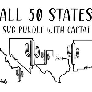 Paquete SVG con los 50 estados con cactus. Estados Unidos svg. Estados Unidos contornos svg. Estados de EE. UU. svg. Clip art de los 50 estados de EE. UU. Estados de cactus svg.