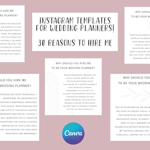 Op de afbeelding: Instagram-sjablonen voor wedding planners met de tekst "30 redenen om mij in te huren". De sjablonen hebben een witte achtergrond met zwarte tekst en een eenvoudig ontwerp. Elke sjabloon bevat een reden waarom een ​​paar een wedding planner zou moeten inhuren.