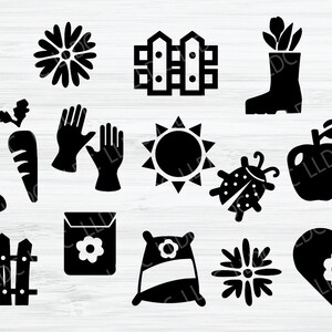 Puede incluir: &Iacute;conos en silueta negra y blanca de art&iacute;culos de jardiner&iacute;a y agricultura, que incluyen un sol, una mariquita, una valla, una regadera, una zanahoria, una flor, un coraz&oacute;n, un par de guantes, una bota y una bolsa de semillas.