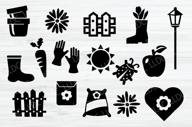 Puede incluir: &Iacute;conos en silueta negra y blanca de art&iacute;culos de jardiner&iacute;a y agricultura, que incluyen un sol, una mariquita, una valla, una regadera, una zanahoria, una flor, un coraz&oacute;n, un par de guantes, una bota y una bolsa de semillas.