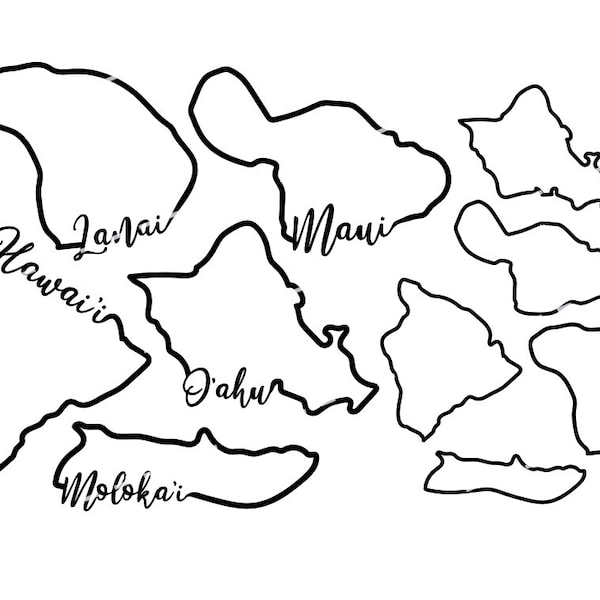 Hawaiian islands Outlines SVG. Hawaii Cursive svg. Oahu svg, Lanai svg, Maui svg, Molokai svg, Hawaii png, Oahu png, Maui png, Molokai png.