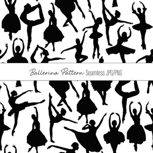 Könnte beinhalten: Ein nahtloses Muster mit schwarzen Silhouetten von Ballerinas in verschiedenen Posen. Das Muster ist auf weißem Hintergrund und enthält den Text "Ballerina Pattern Seamless JPG/PNG".