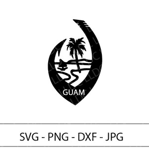 May include: Black and white silhouette of the official seal of Guam. The seal features a traditional fishing hook with a palm tree and a boat in the water. The word "GUAM" is written below the hook.