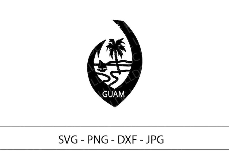 May include: Black and white silhouette of the official seal of Guam. The seal features a traditional fishing hook with a palm tree and a boat in the water. The word "GUAM" is written below the hook.